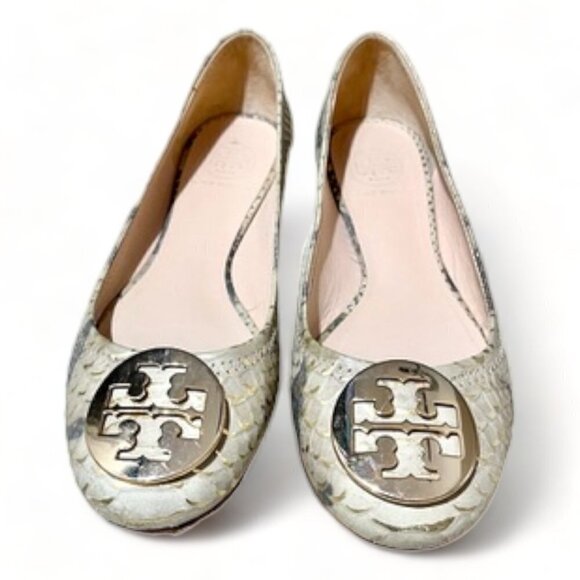 Tory Burch Gold/Beige Python Embossed Leather Reva Ballet Flats Size 7 - Picture 1 of 7